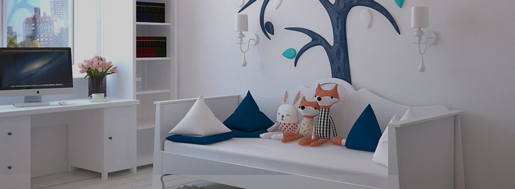 A child's room with a well-organized closet.