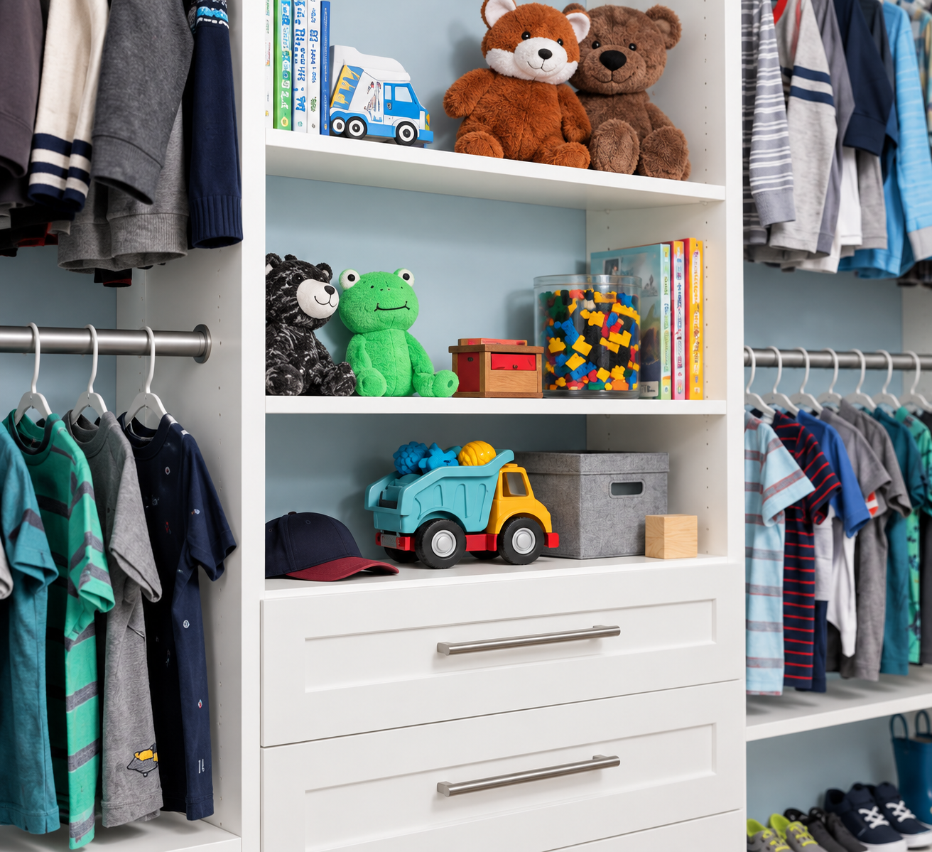 Modern kids’ closet with organized clothing, toys, and custom shelving for easy access and everyday storage