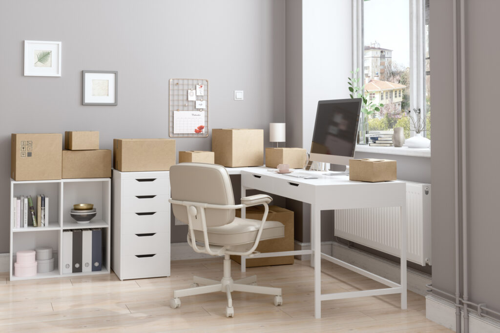 Working From Home According To New Normal With Cardboard Boxes Prepared To Be Sent
