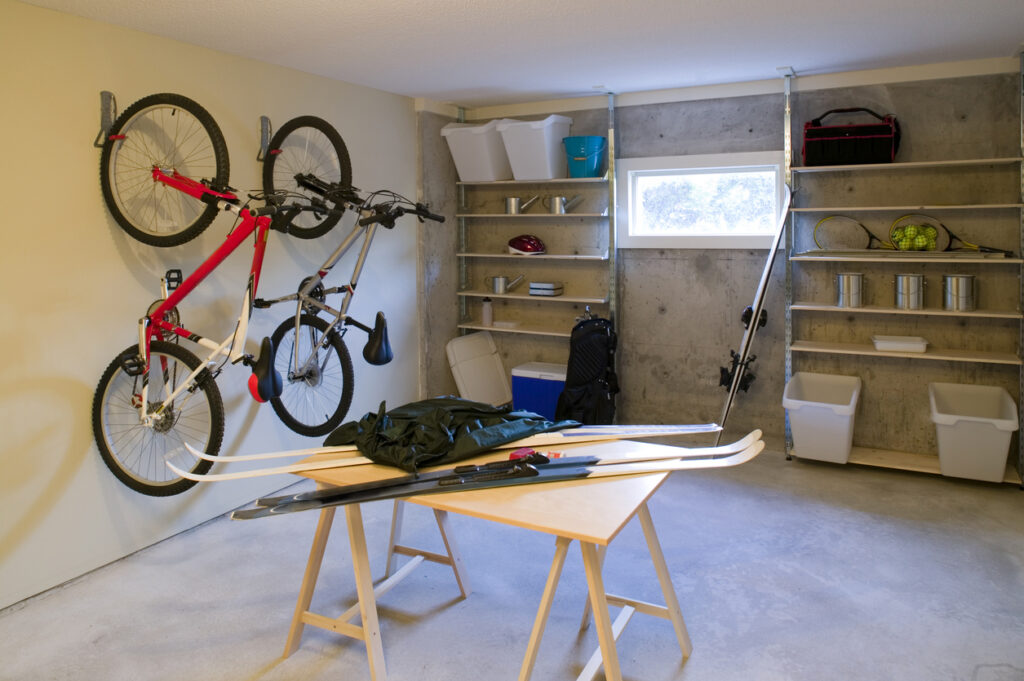 A garage with suspended storage for bikes